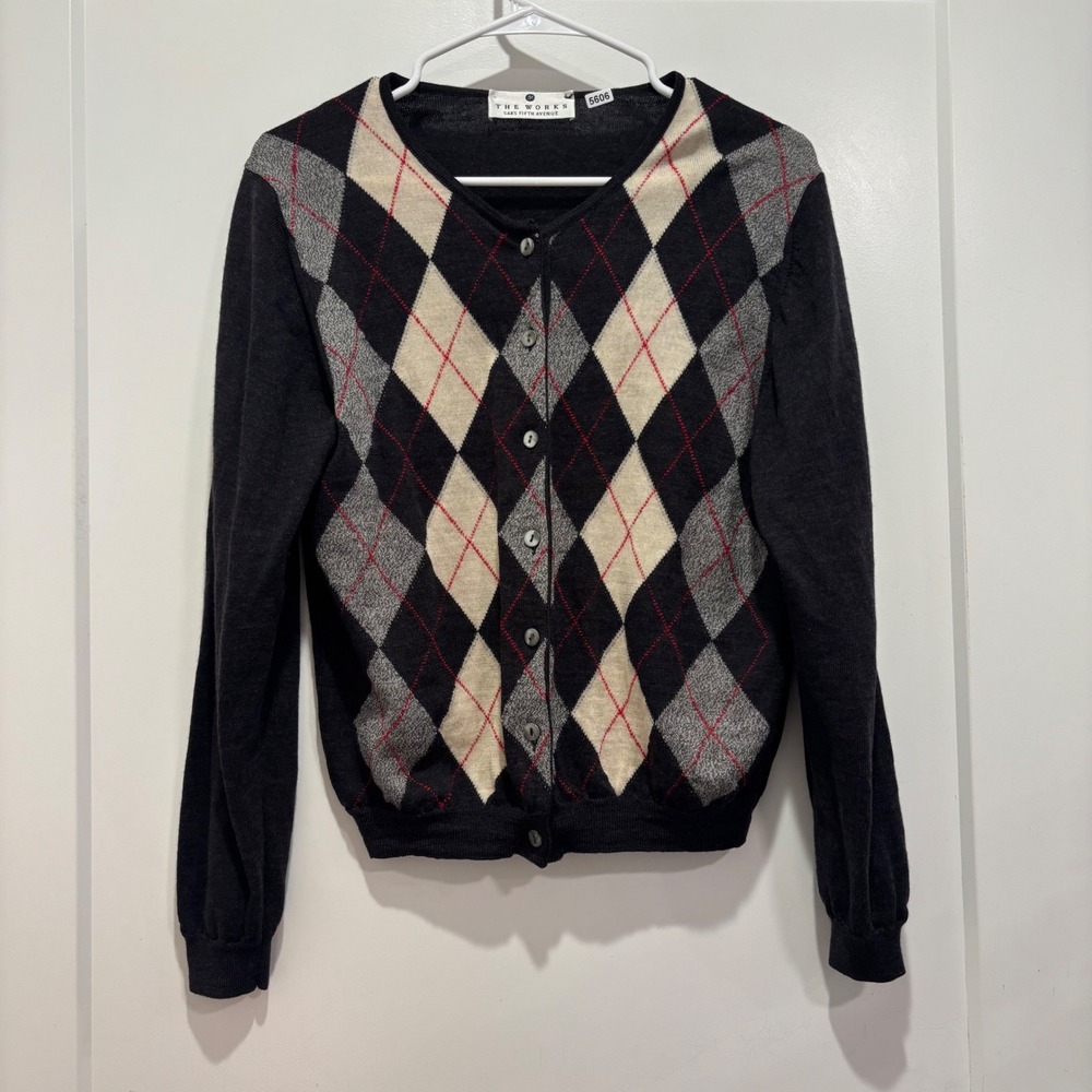 Saks Fifth Avenue The Works Argyle Cardigan Sweater Black Grey Cream Women Small